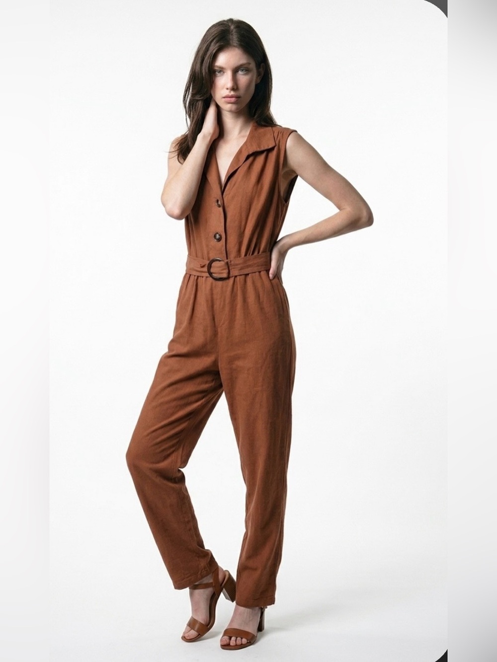 BLANK NYC Jumpsuit Belted Linen Sleeveless Copper Belted Ine Piece Straight Leg